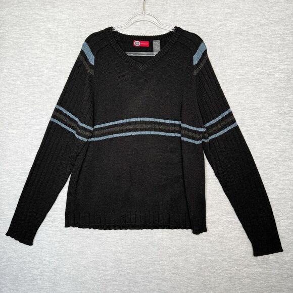 Vintage Y2K Sweater Mens Size XL 90s‎ Wool Blend Chest Stripe Black Blue Grunge - Picture 1 of 7